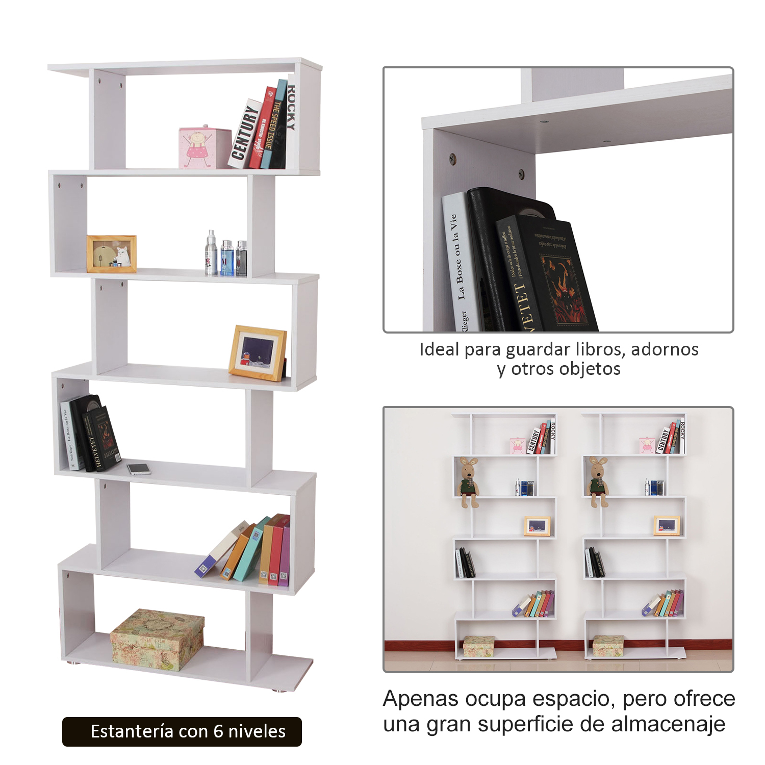Estanteria Libreria 6 Estantes de Madera Forma de S 80x25x192cm